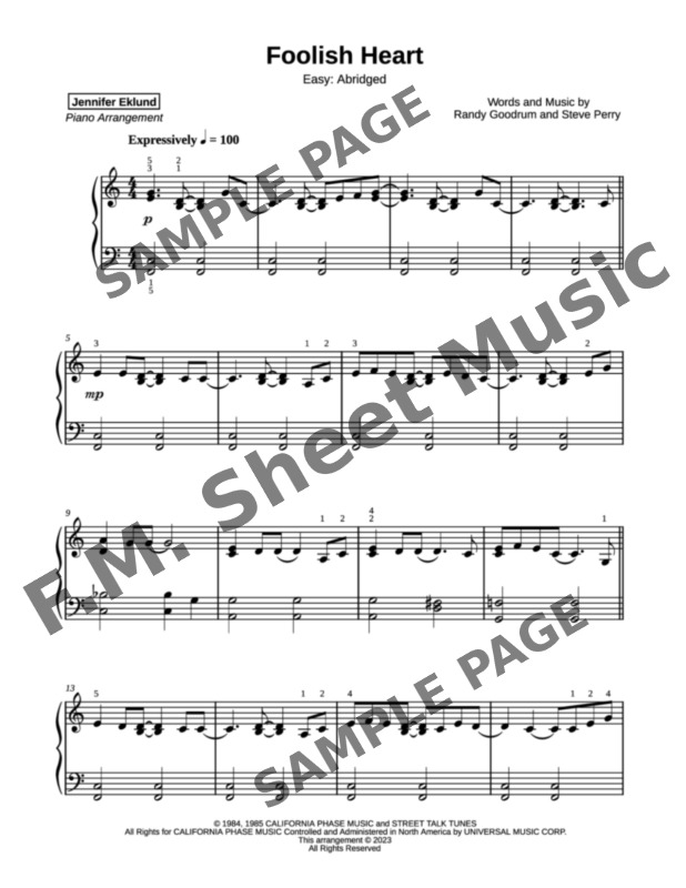 Foolish Heart (Easy Piano) By Steve Perry, Journey - F.M. Sheet Music ...